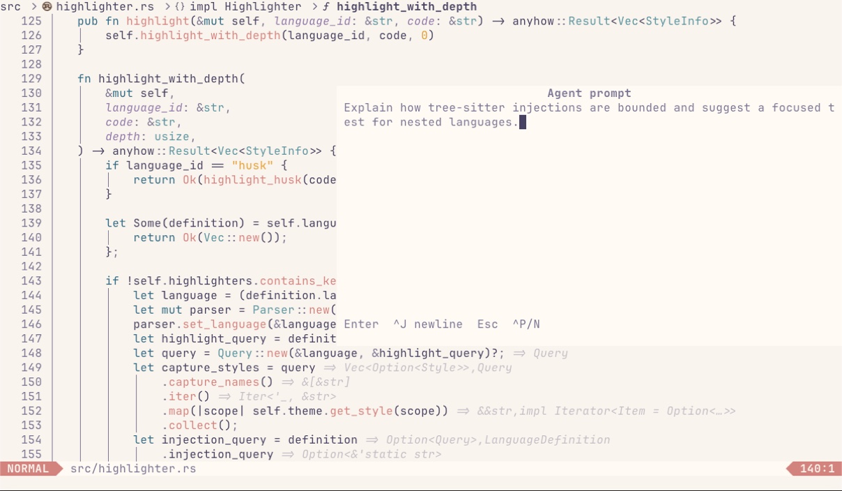 Red using the Rosé Pine Dawn theme with an agent prompt over the editor highlighter source