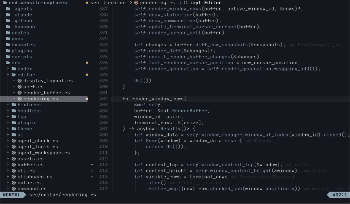 Red using the Kanso Ink theme while editing its Rust rendering pipeline with the project file tree open