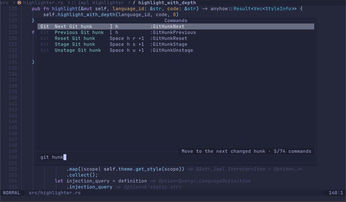 Red using the Tokyo Night Storm theme with its command palette showing Git hunk actions